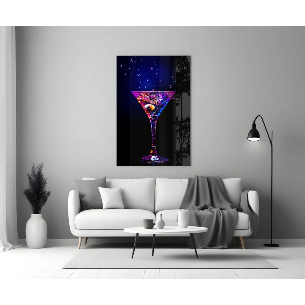 Vibrant neon purple martini glass wall art canvas print
