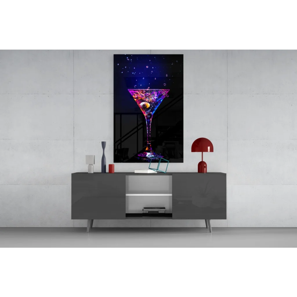 Neon purple martini glass wall art over modern gray sideboard