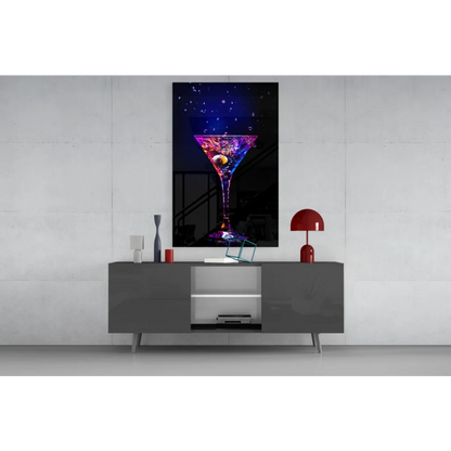 Neon purple martini glass wall art over modern gray sideboard