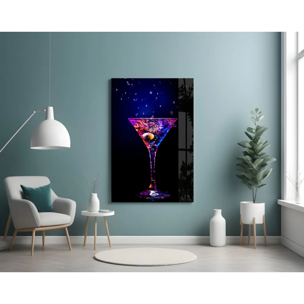 Vibrant neon purple martini glass wall art canvas print with cosmic design