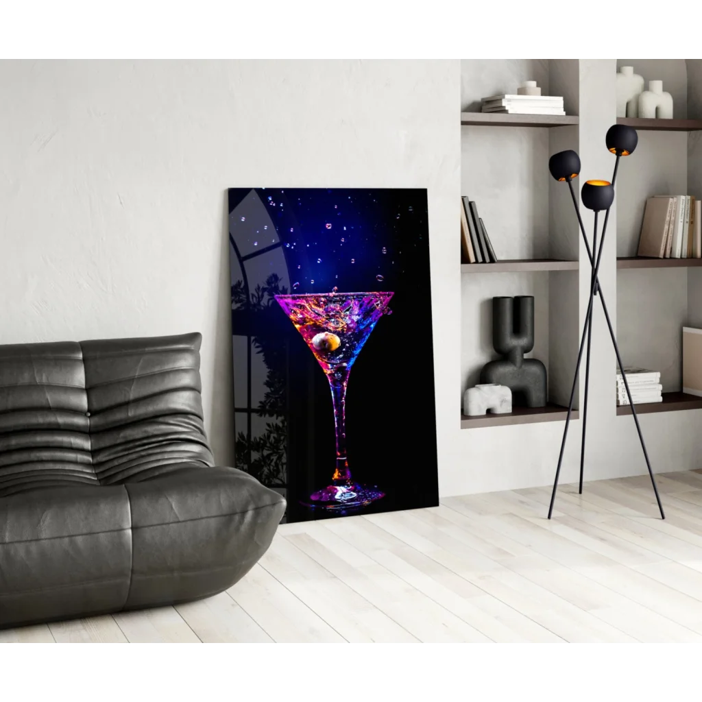 Vibrant neon purple martini glass wall art canvas print