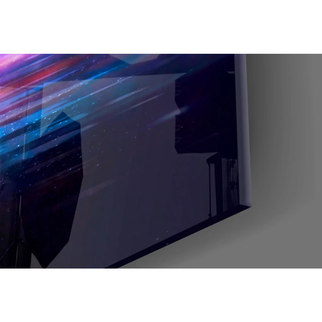 Sleek glass wall art with neon pyramid glow and starry cosmic TV scene