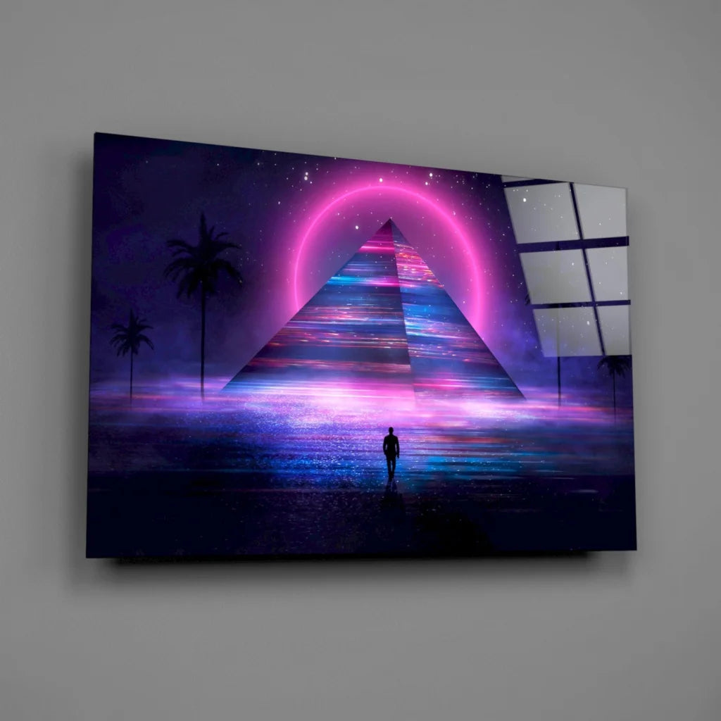 Vibrant neon pyramid glow glass wall art with starry sky and palms
