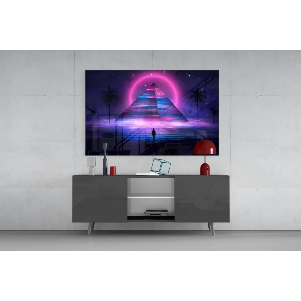 Vibrant neon pyramid glass wall art with starry sky, palms, stars