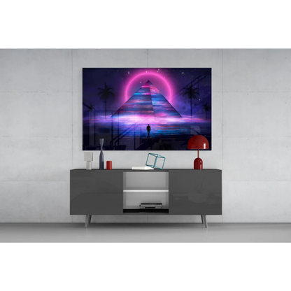 Vibrant neon pyramid glass wall art with starry sky, palms, stars