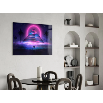 Vibrant neon pink purple retro pyramid glass wall art with palms
