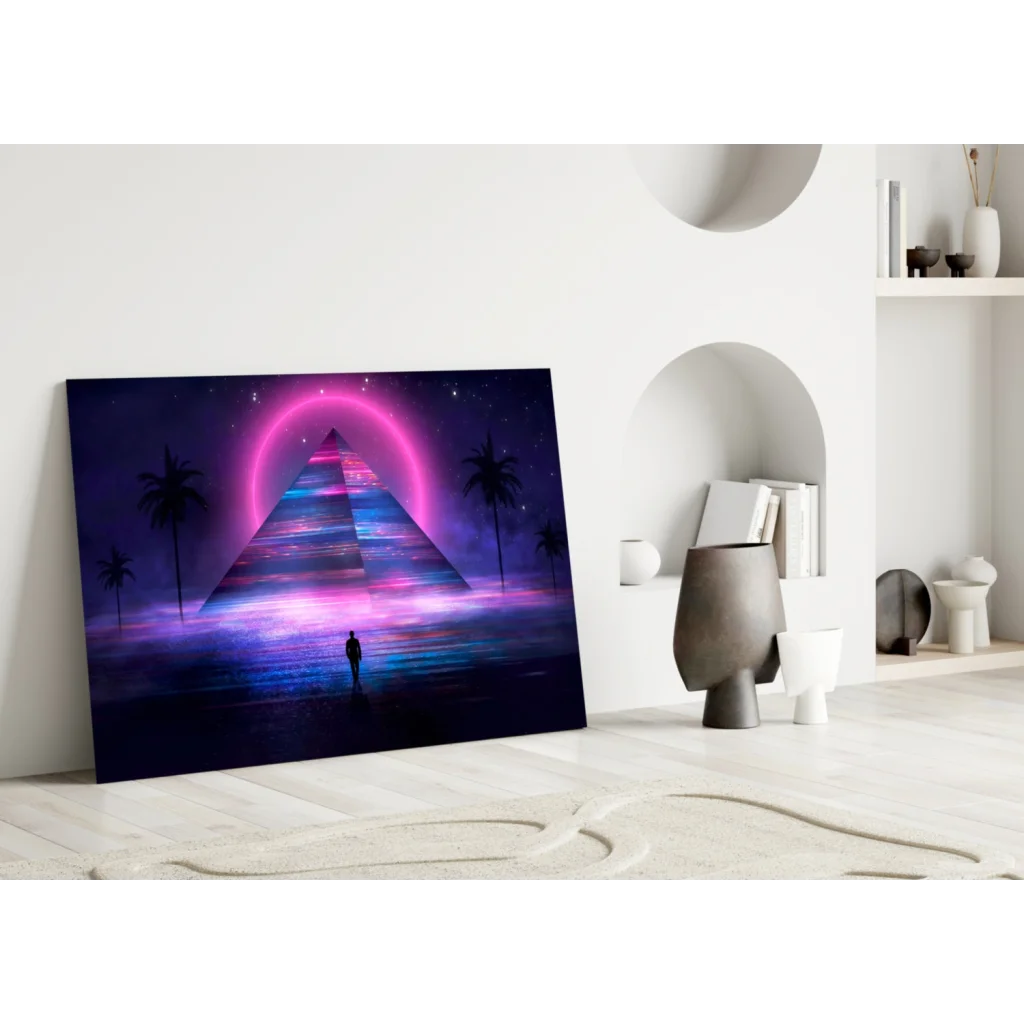 Vibrant neon pyramid glow glass wall art with starry sky and palms