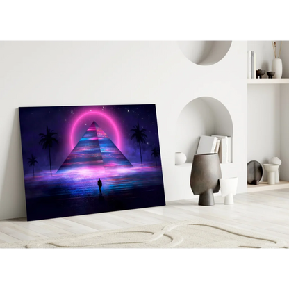 Vibrant neon pyramid glow glass wall art with starry sky and palms