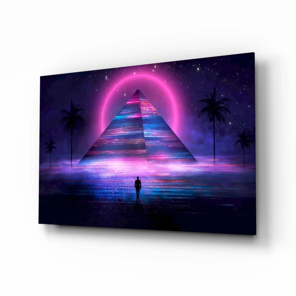 Vibrant neon pyramid glow glass wall art with starry sky and palms