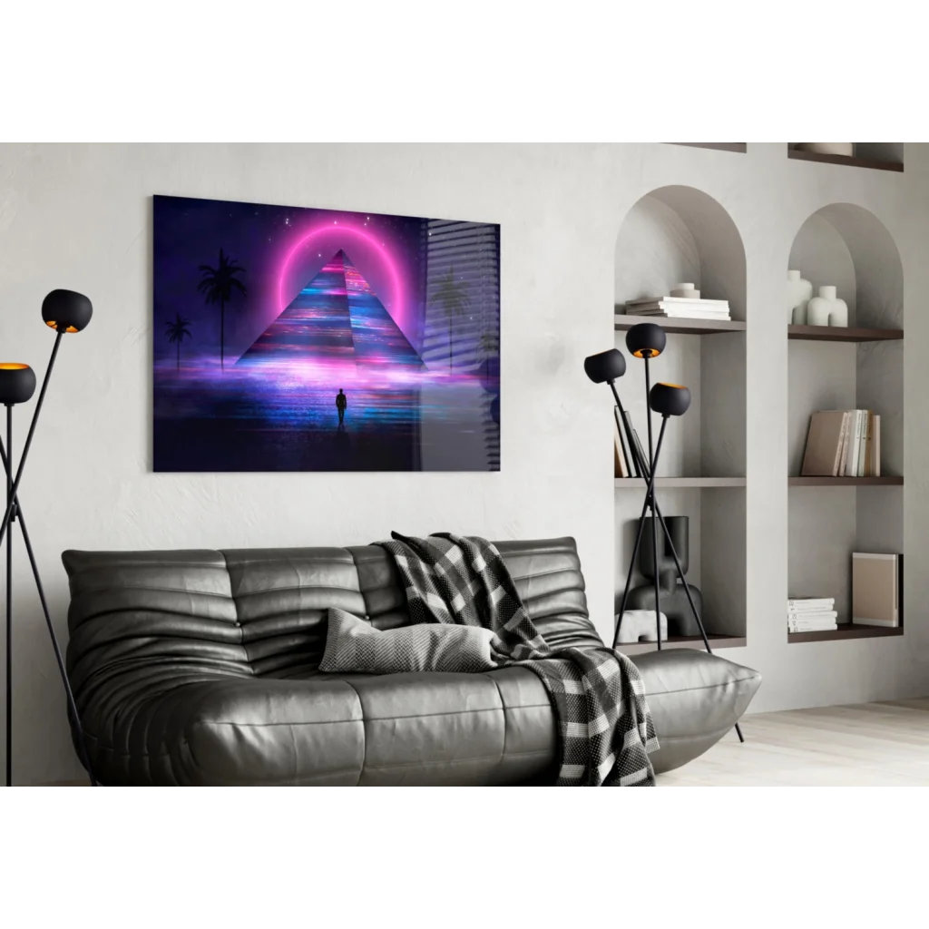 Vibrant neon pink purple retro-futuristic pyramid glass wall art with starry sky on white wall