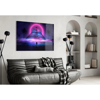 Vibrant neon pink purple retro-futuristic pyramid glass wall art with starry sky on white wall