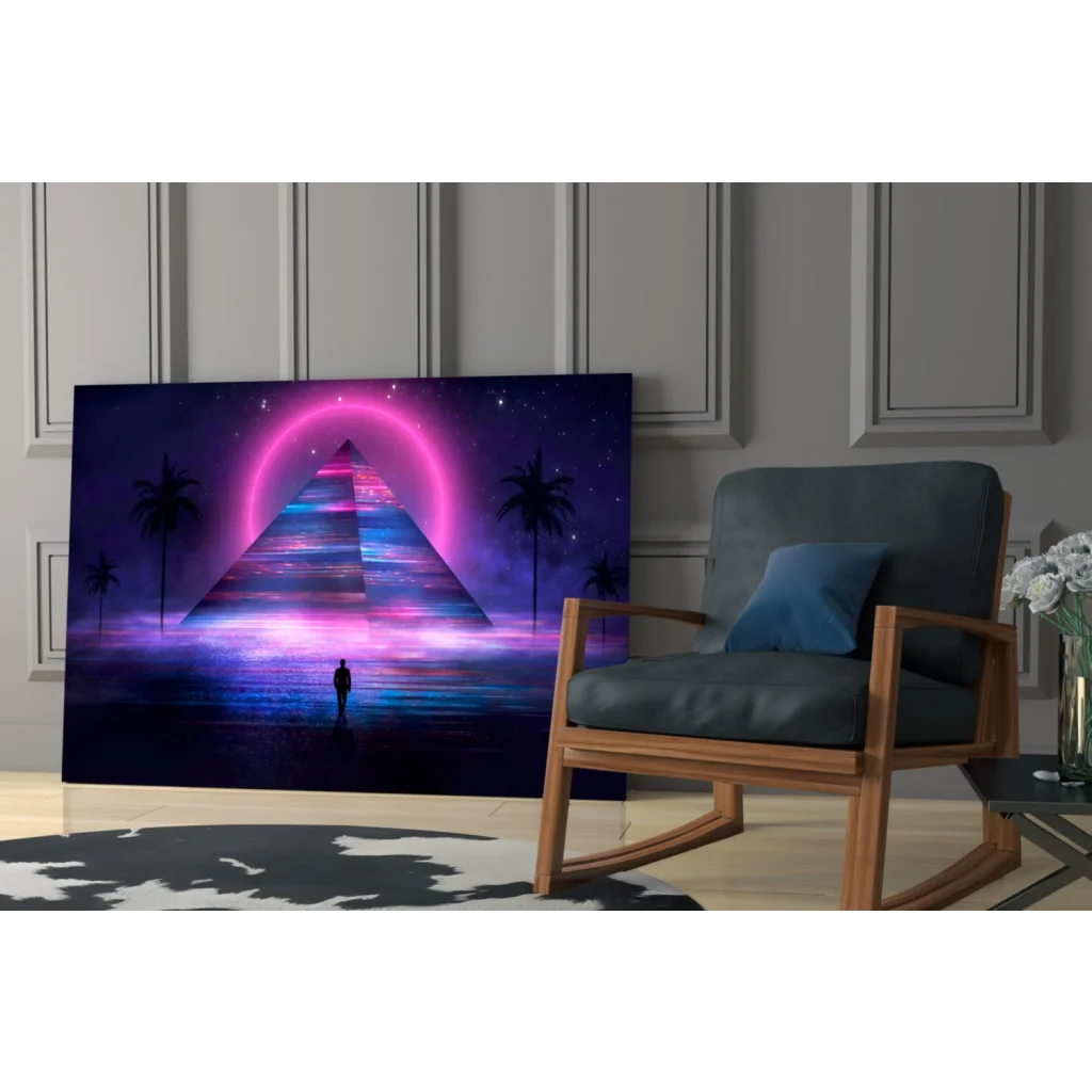 Vibrant neon pyramid glass wall art with starry sky, palms and figure