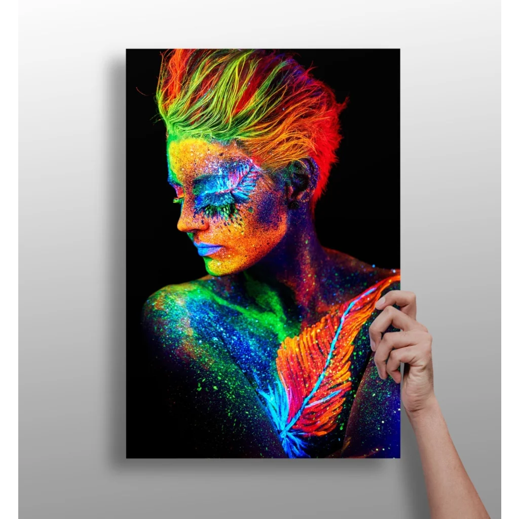 Vibrant neon glow paint portrait on canvas with rainbow body art and feathers, as Neon Rainbow Glow Body Art Aluminum Print