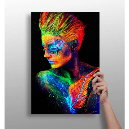 Vibrant neon glow paint portrait on canvas with rainbow body art and feathers, as Neon Rainbow Glow Body Art Aluminum Print