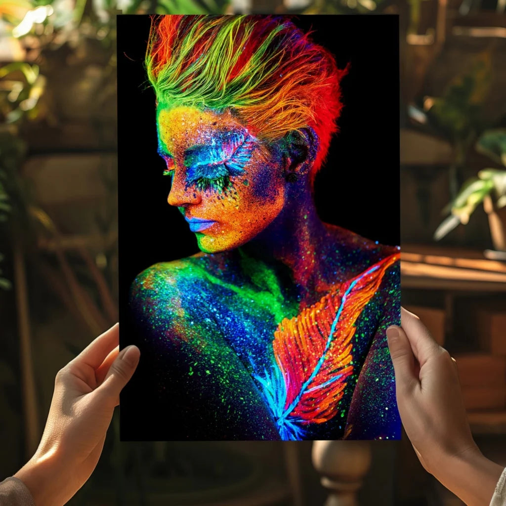 Vibrant neon rainbow glow body art aluminum print portrait
