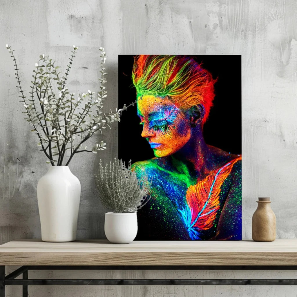 Vibrant neon rainbow glow woman portrait on aluminum print