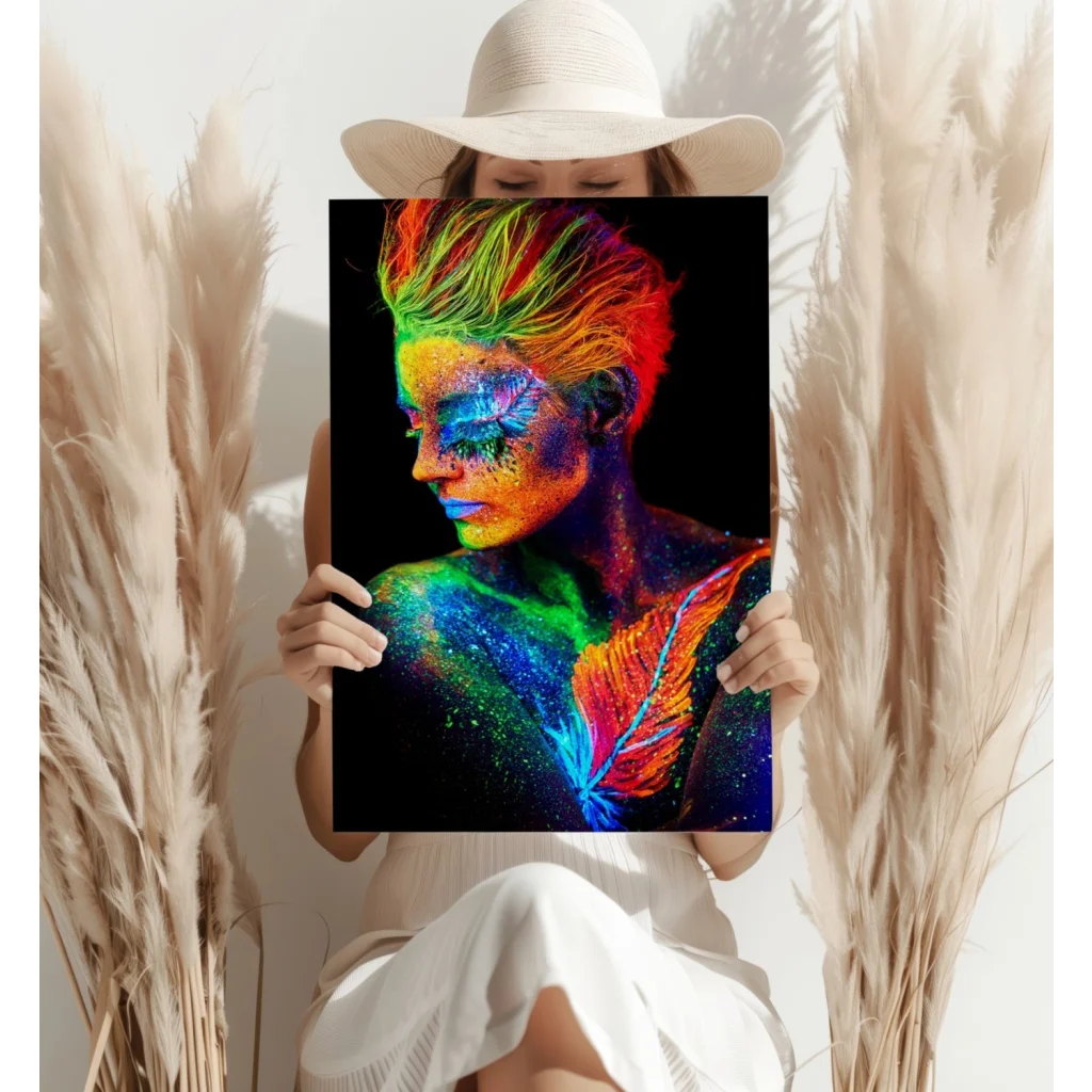 Vibrant neon rainbow glow body art aluminum print with glitter makeup and feather chest design
