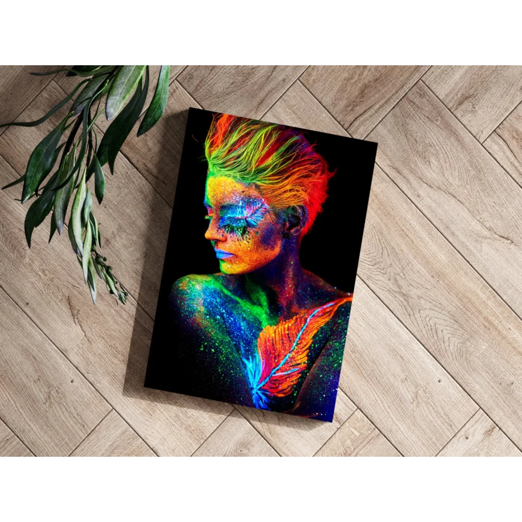 Vibrant neon glow portrait of woman with rainbow hair and feather body art