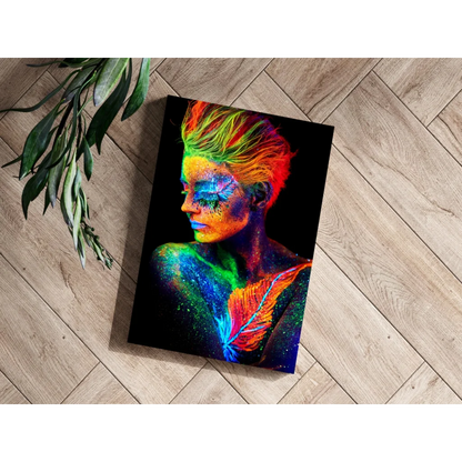 Vibrant neon glow portrait of woman with rainbow hair and feather body art