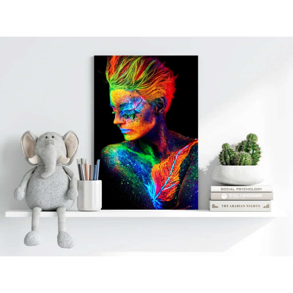 Vibrant neon woman with rainbow glow body paint on aluminum print