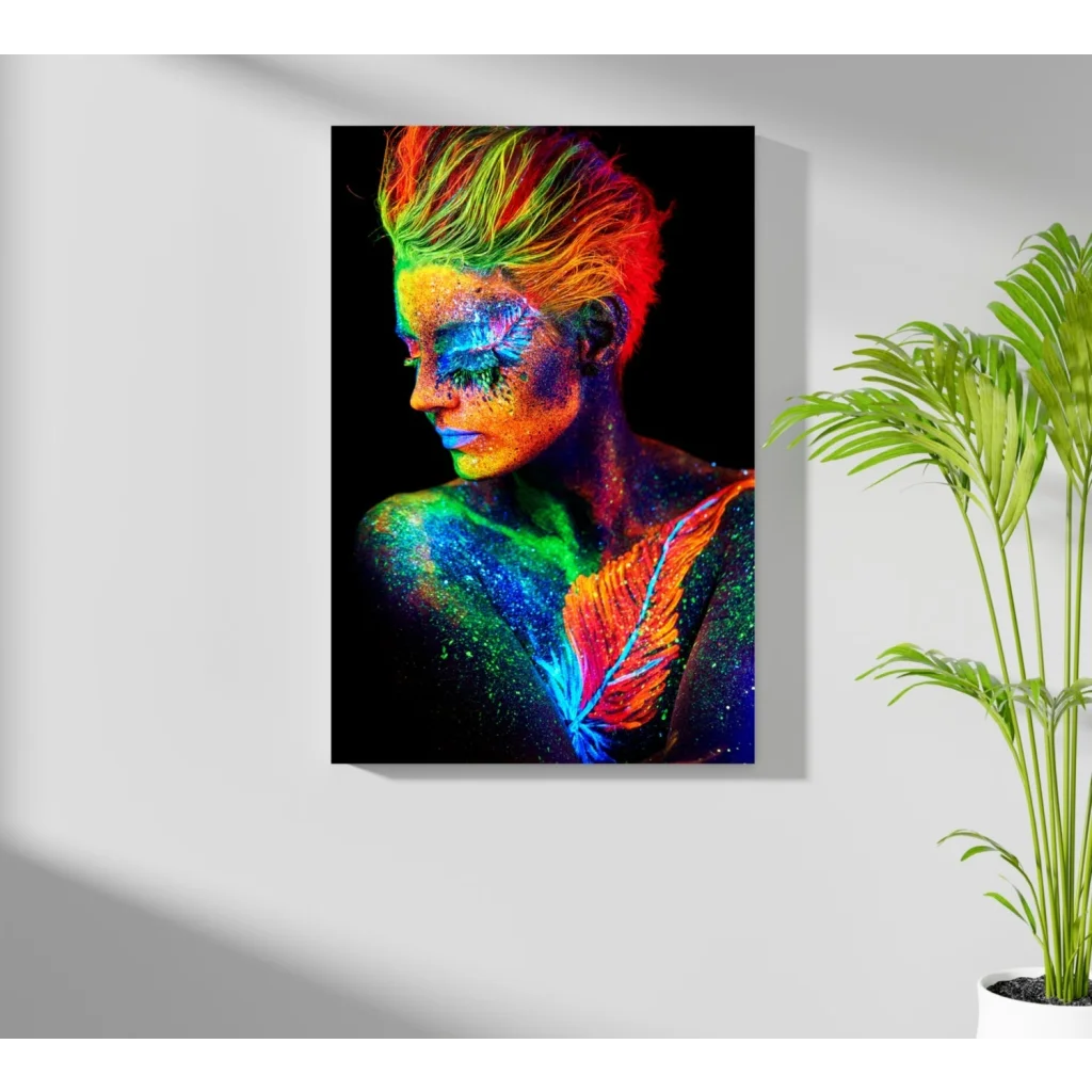 Vibrant woman in rainbow glow paint on neon body art aluminum print
