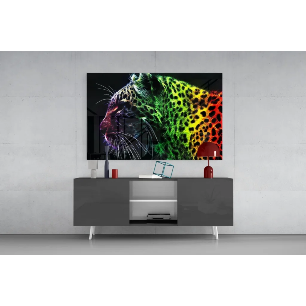 Vibrant neon rainbow leopard glass wall art canvas print above gray console