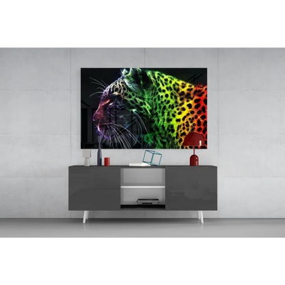 Vibrant neon rainbow leopard glass wall art canvas print above gray console