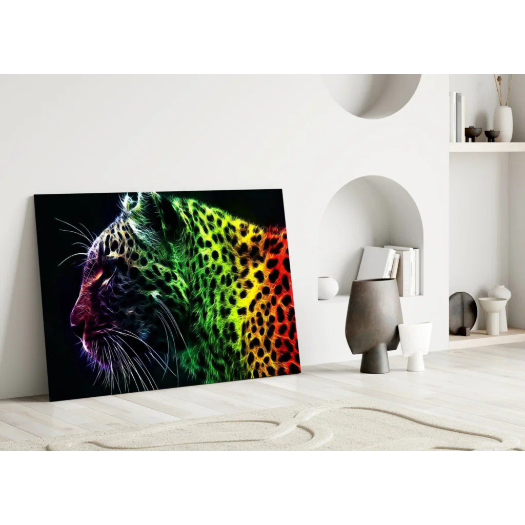 Vibrant neon rainbow leopard glass wall art on canvas print
