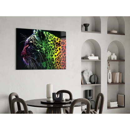Vibrant neon rainbow leopard glass wall art canvas on wall