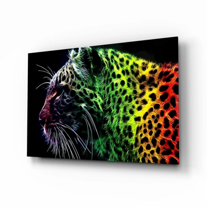 Vibrant neon leopard glass wall art canvas print in rainbow colors