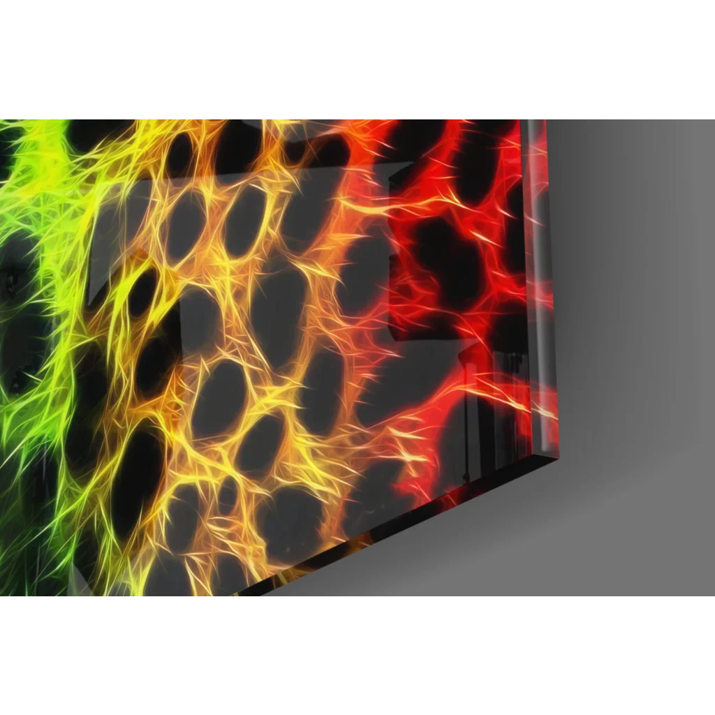 Vibrant fiery neural patterns in Neon Rainbow Leopard glass wall art