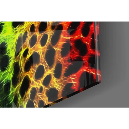 Vibrant fiery neural patterns in Neon Rainbow Leopard glass wall art