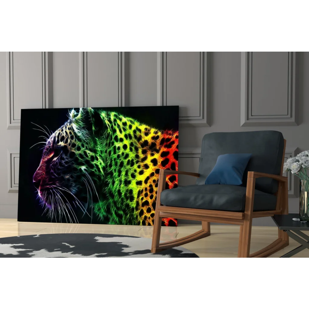 Vibrant neon rainbow leopard glass wall art on black canvas