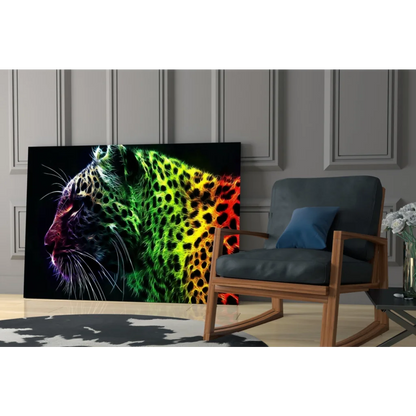 Vibrant neon rainbow leopard glass wall art on black canvas