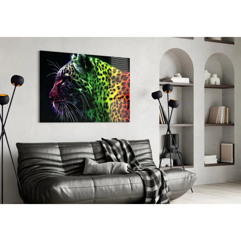 Vibrant neon rainbow leopard glass wall art canvas on wall