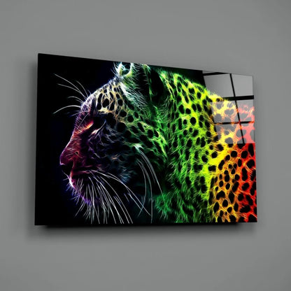 Vibrant neon leopard glass wall art canvas print with glowing patterns