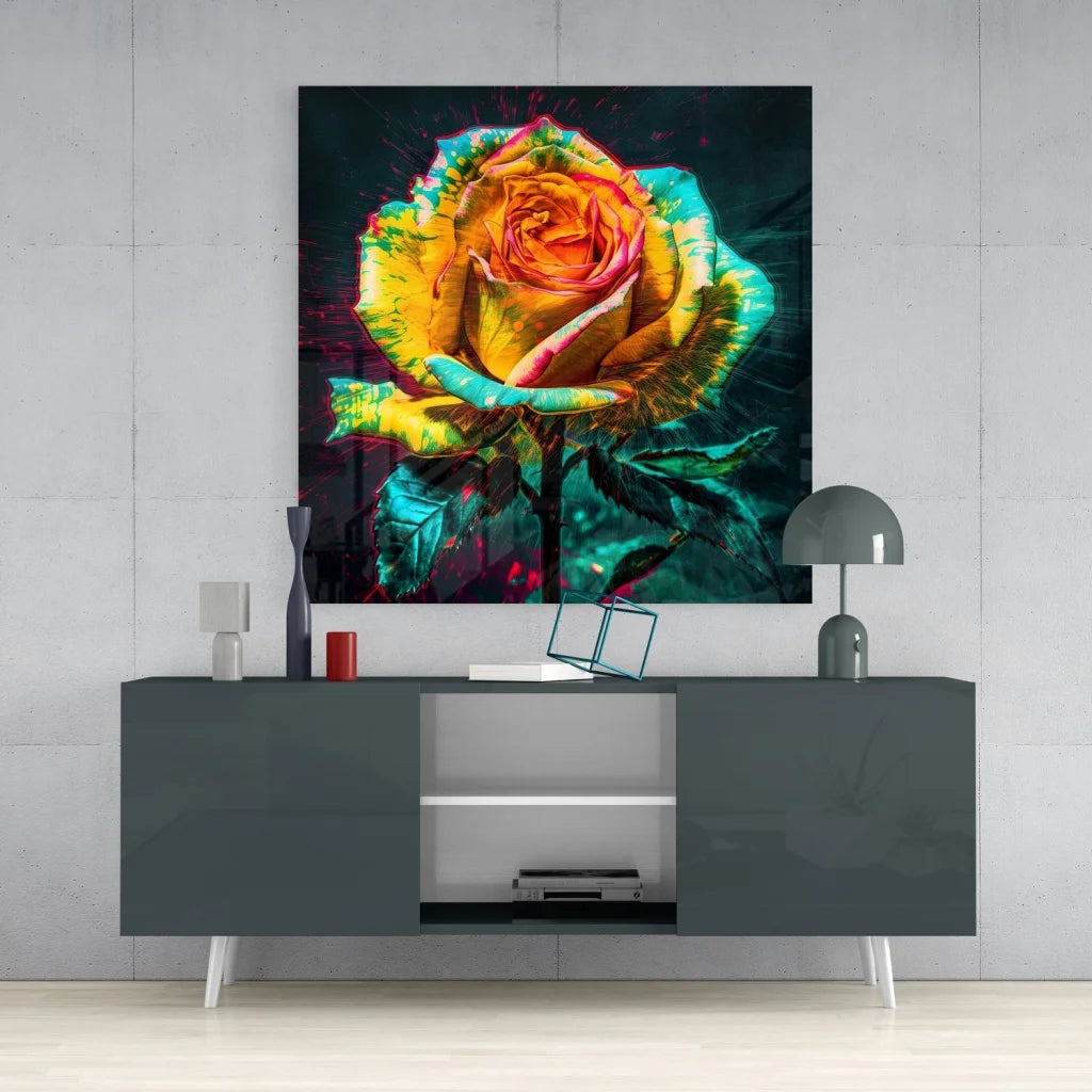 Vibrant neon rainbow rose tempered glass art on gray sideboard