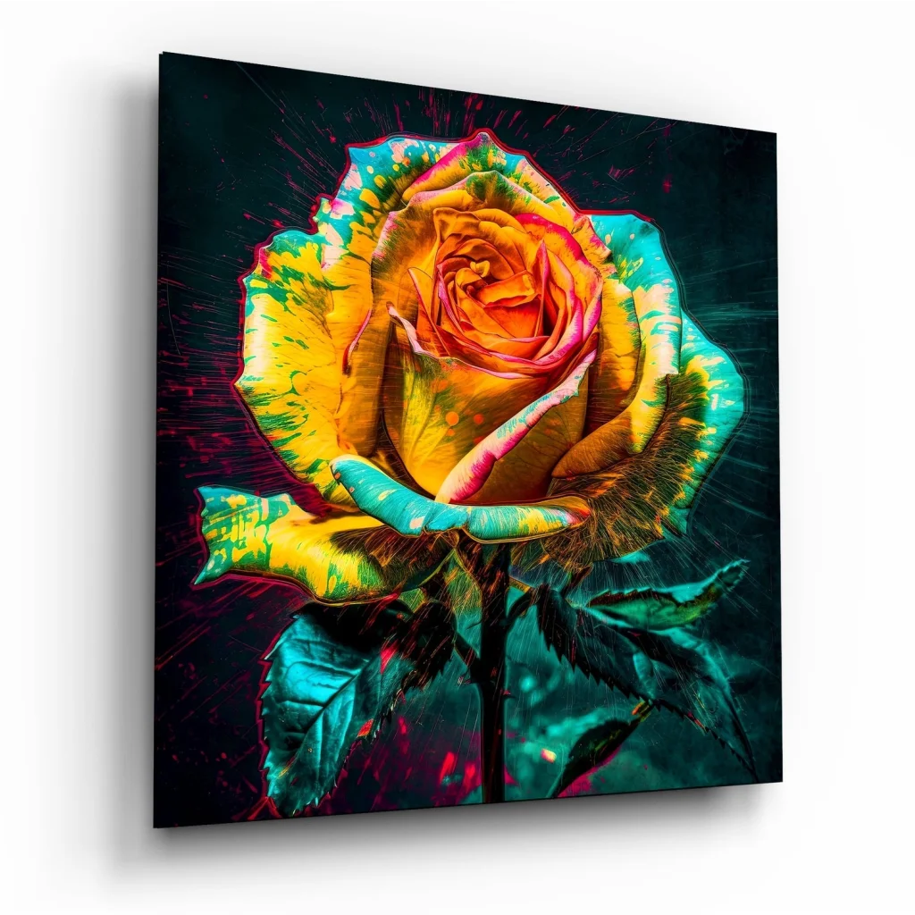 Neon rainbow rose tempered glass art with size guide