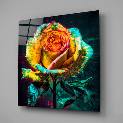 Vibrant neon rainbow rose tempered glass art with green leaves and size guide