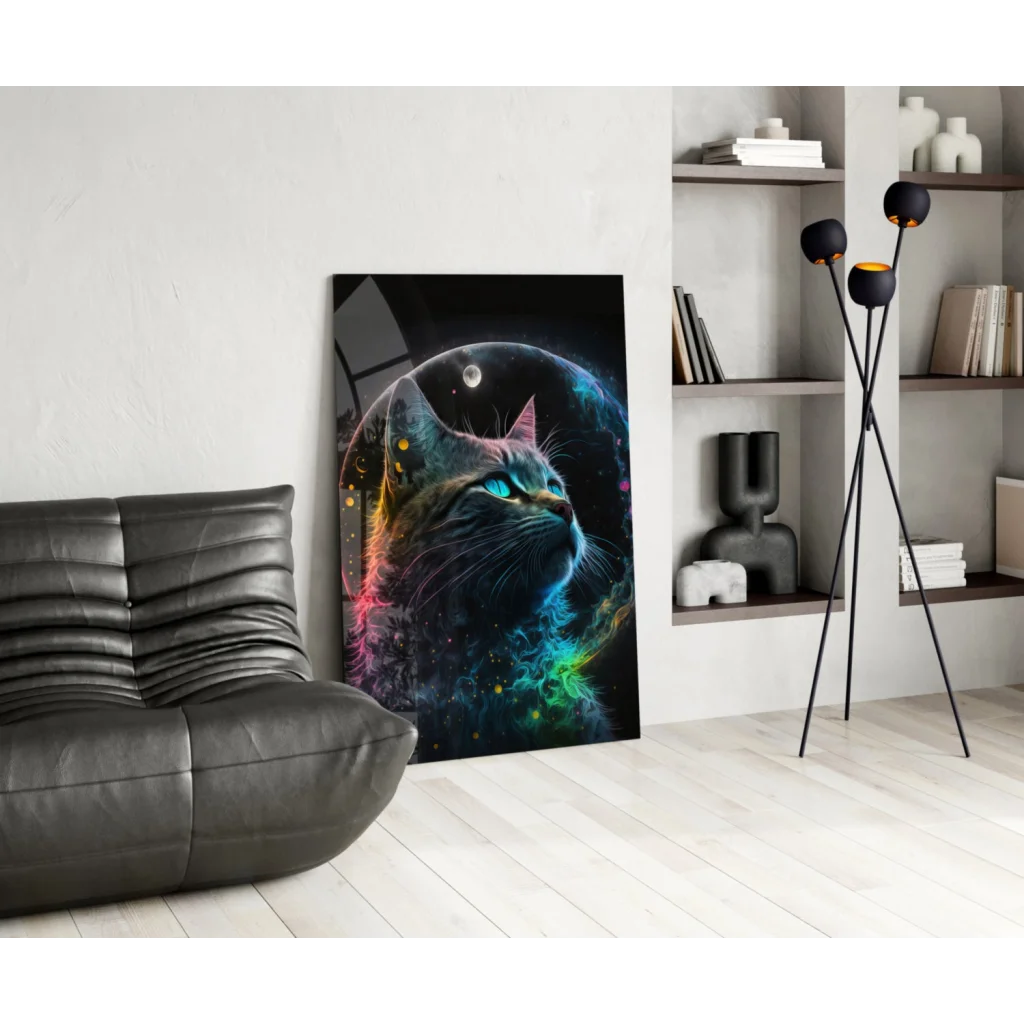 Neon Rainbow Wolf canvas wall art print on black leather couch