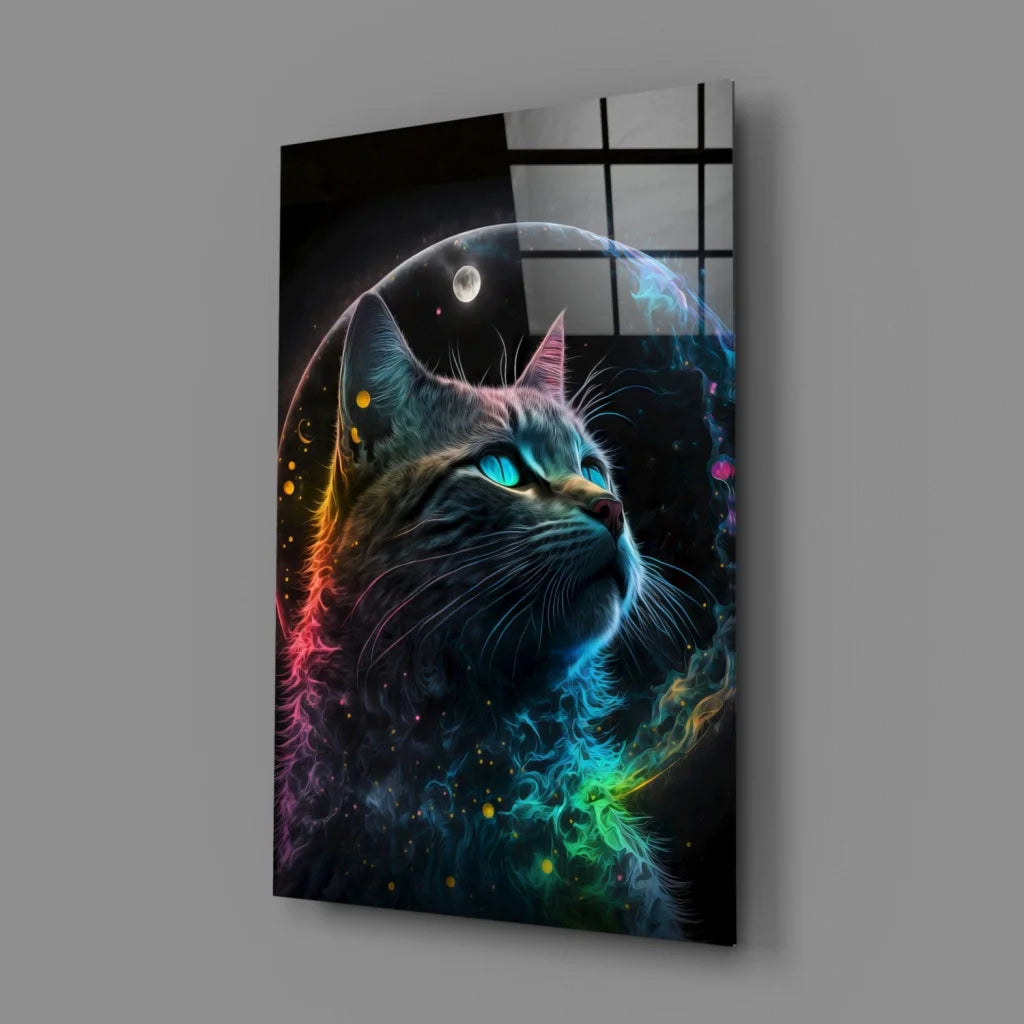 Vibrant neon rainbow cat canvas wall art print on black background