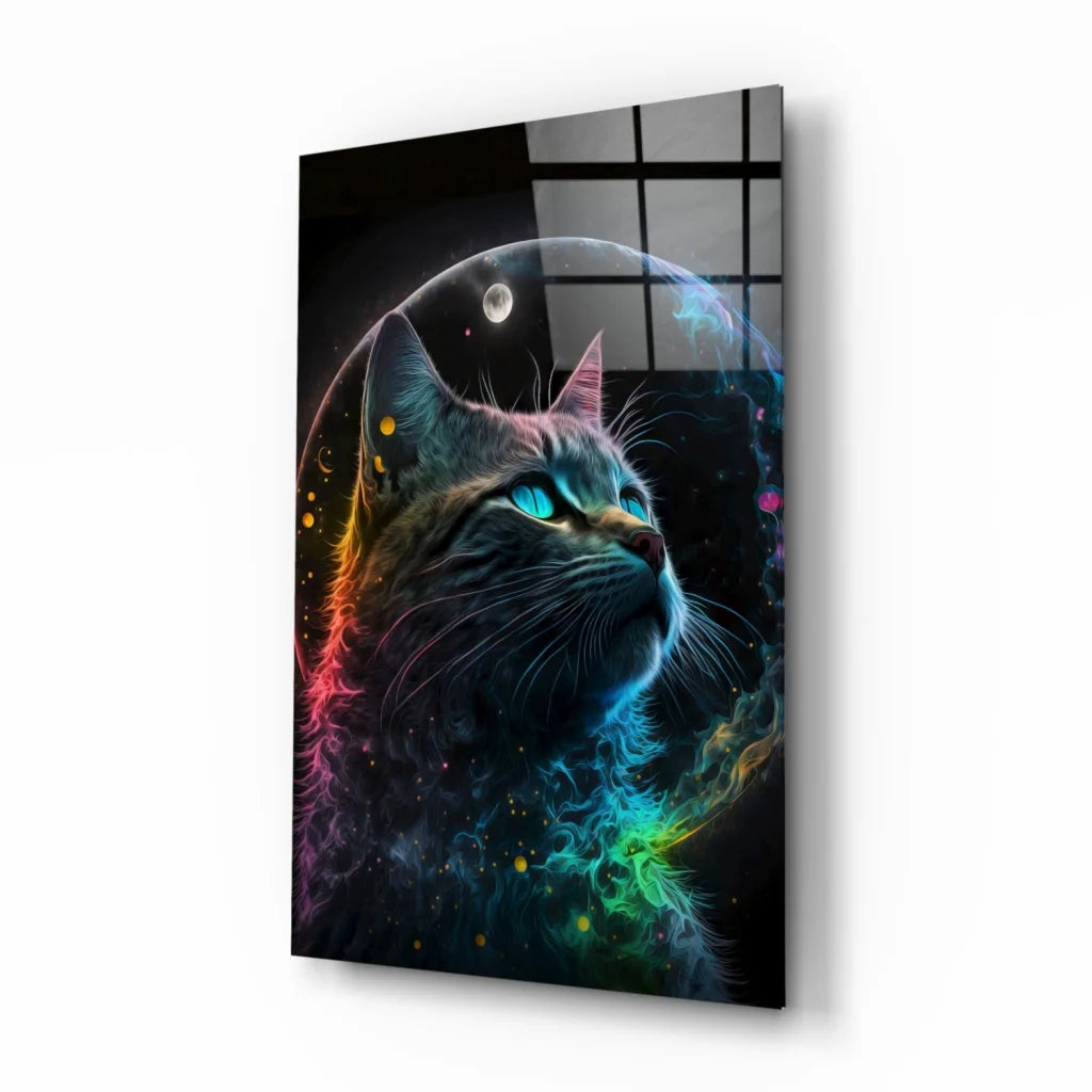 Vibrant rainbow cat glass wall art print for home decor