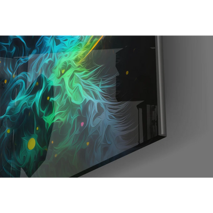 Samsung QLED TV with vibrant dragon on neon rainbow wolf wall art print