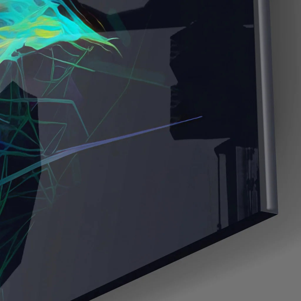 Glowing teal neon rose glass art on tempered glass