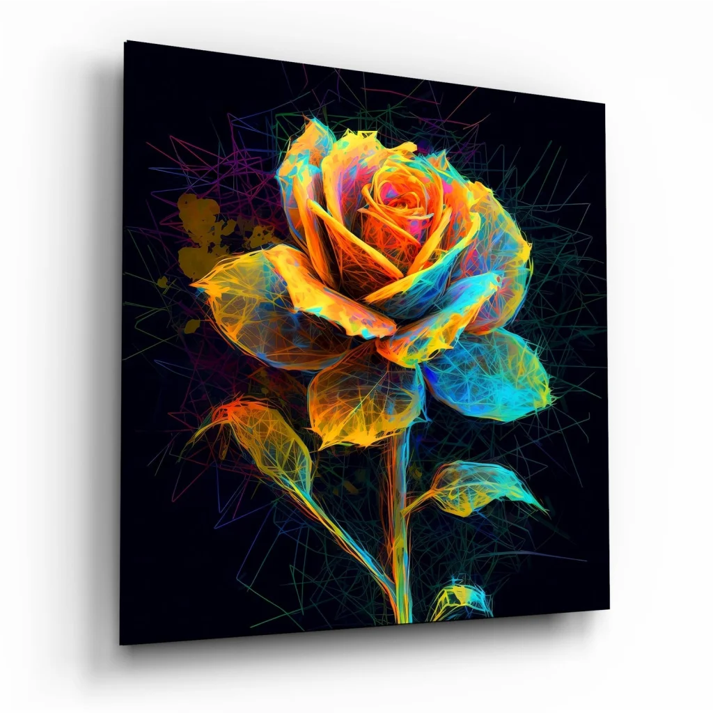 Vibrant neon rose tempered glass art glowing in orange, yellow, blue on black