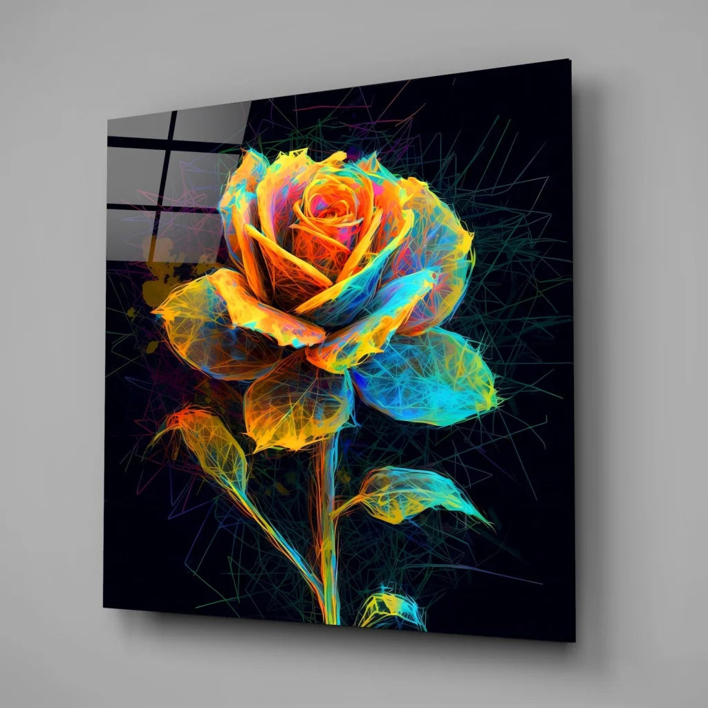 Vibrant neon rose glass art on tempered black panel