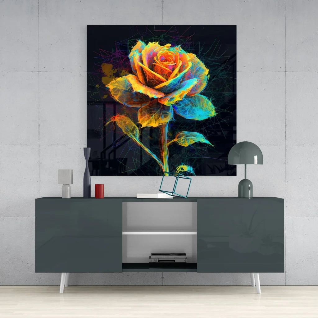 Vibrant neon rose tempered glass art in orange and blue hues