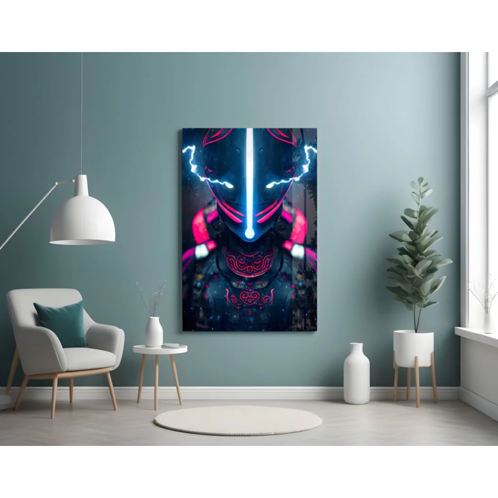 Futuristic robot neon poster with blue pink glow on glass wall art