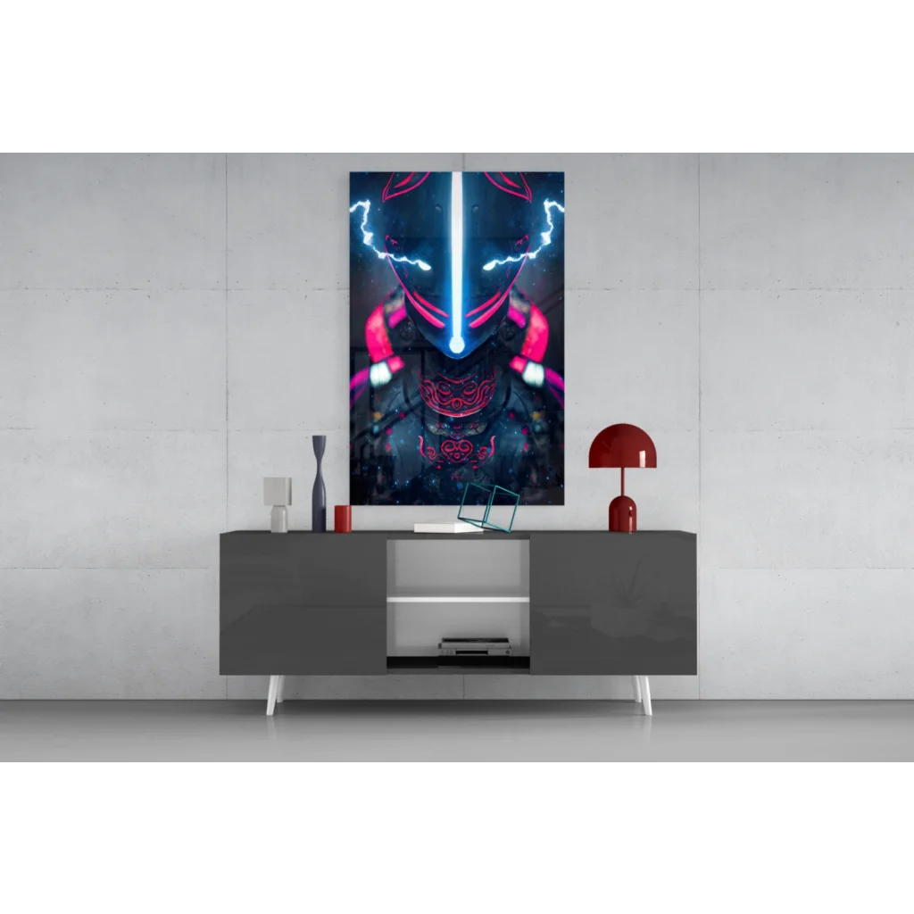 Neon astronaut glass wall art poster with blue pink accents metallic frame