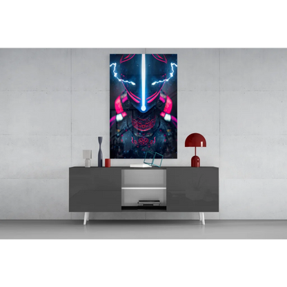 Neon astronaut glass wall art poster with blue pink accents metallic frame